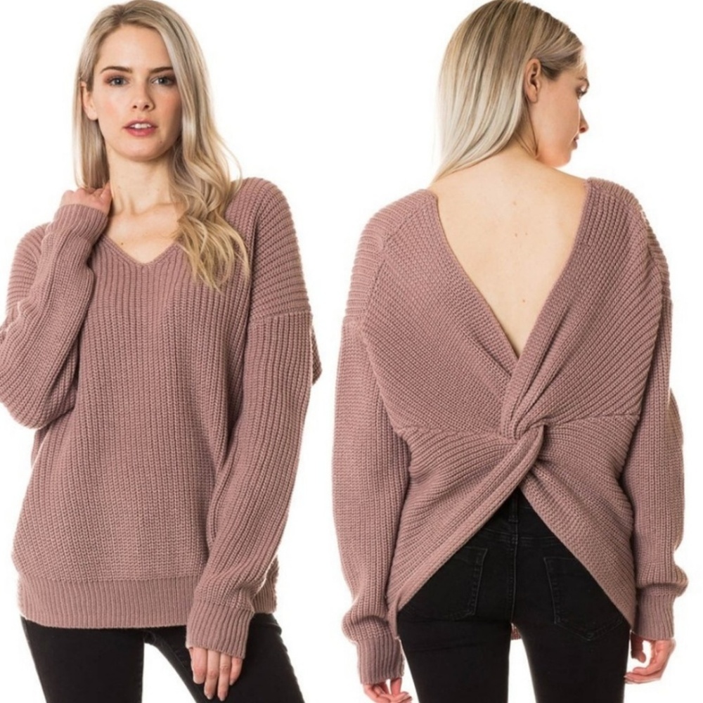 Mauve V neck twist back knit Sweater